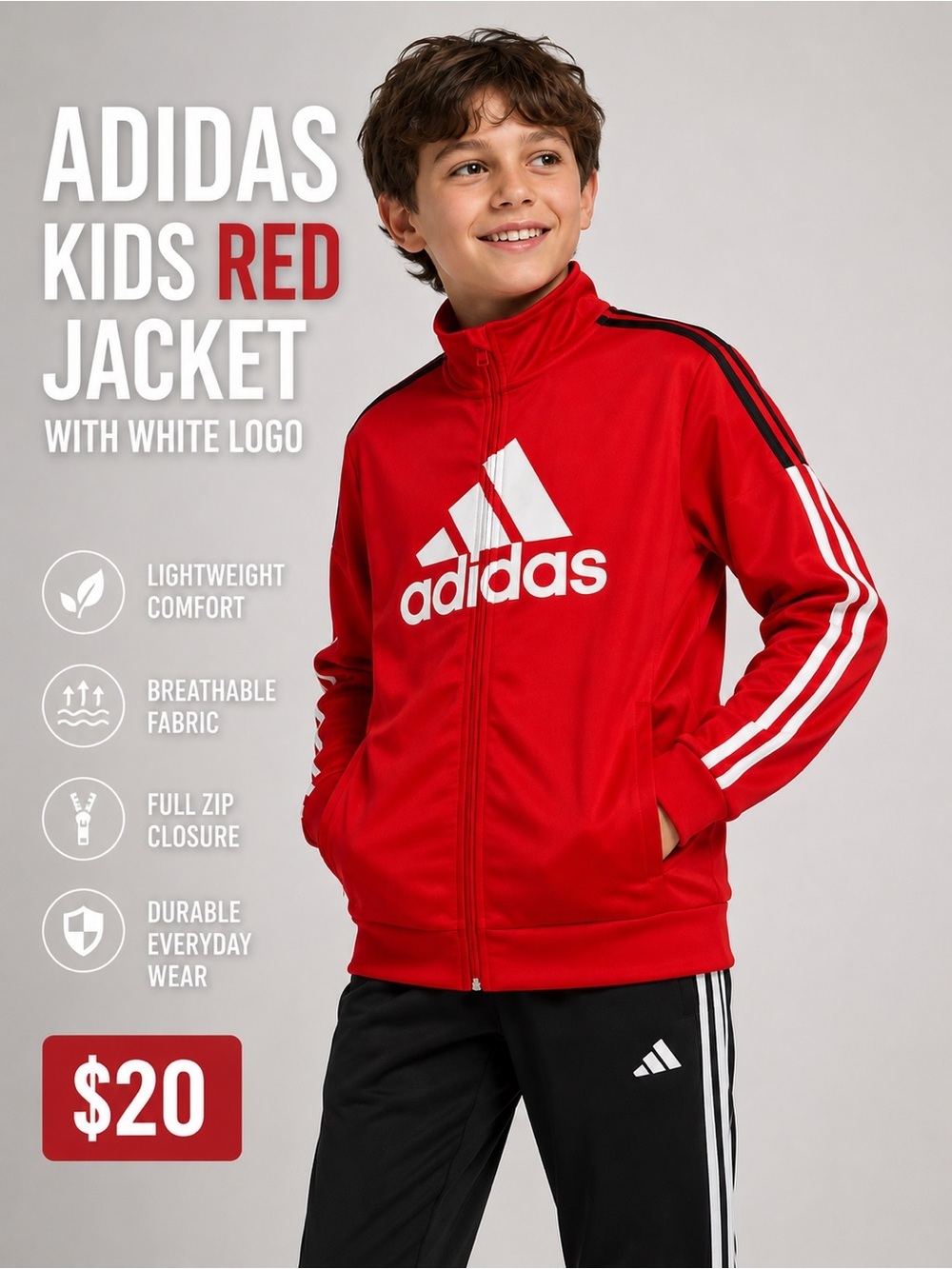Adidas Kids Red Jacket with White Logo Size Medium 10/12